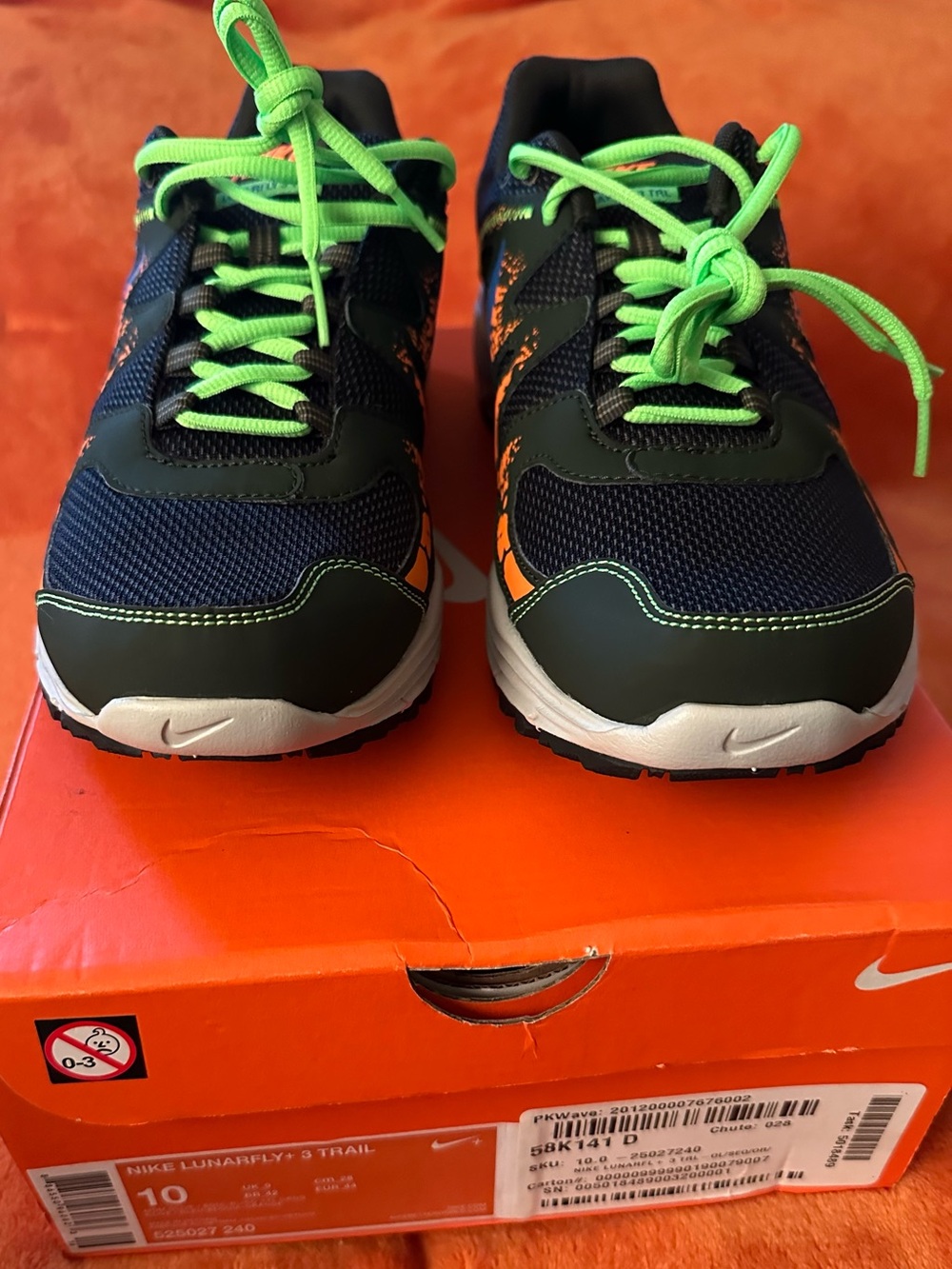 Nike Lunarfly+ 3 Trail shoes size 10 electric green and orange "lava"